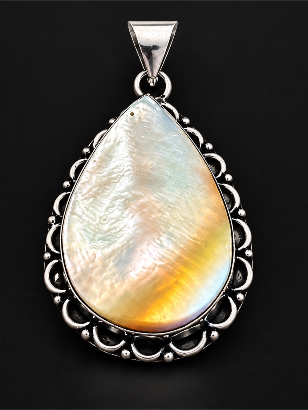 Vintage 925 Sterling Silver Mother of Pearl Teardrop Statement Pendant